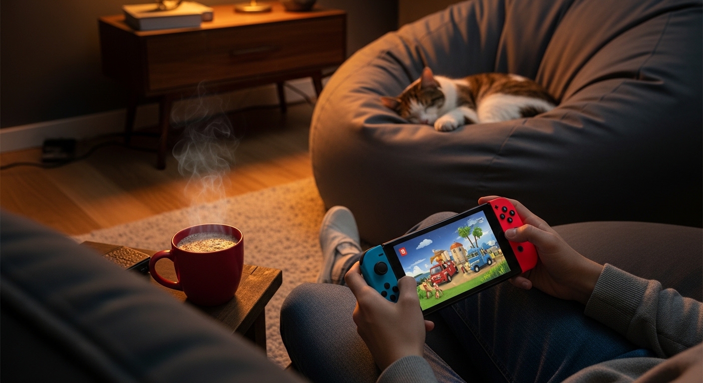 A casual player enjoying cozy casual games on a handheld console in a relaxed home setting
